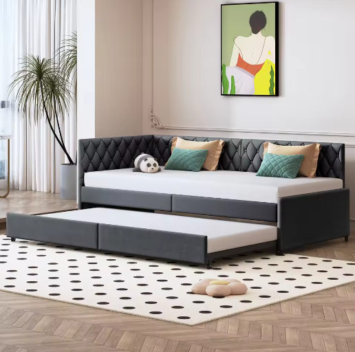 Gestoffeerd Dagbed 90x200 cm met Uittrekbaar Bed en Lattenbodem