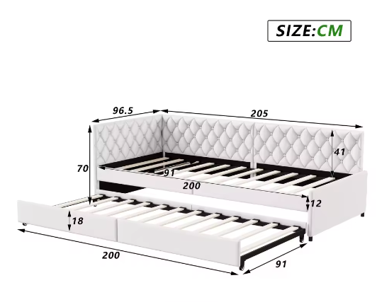 Gestoffeerd Dagbed 90x200 cm met Uittrekbaar Bed en Lattenbodem