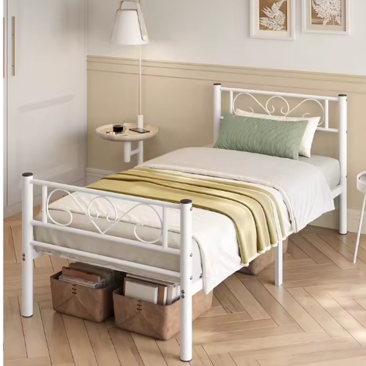 Metalen Eenpersoonsbed 90x200 cm met Hoofdbord en Bedrek – Stabiel Bedframe met Hoge Draagkracht