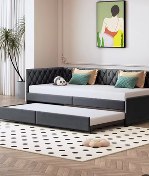 Gestoffeerd Dagbed 90x200 cm met Uittrekbaar Bed en Lattenbodem