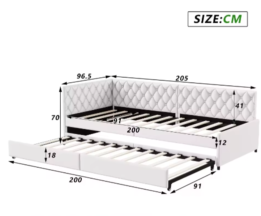 Gestoffeerd Dagbed 90x200 cm met Uittrekbaar Bed en Lattenbodem