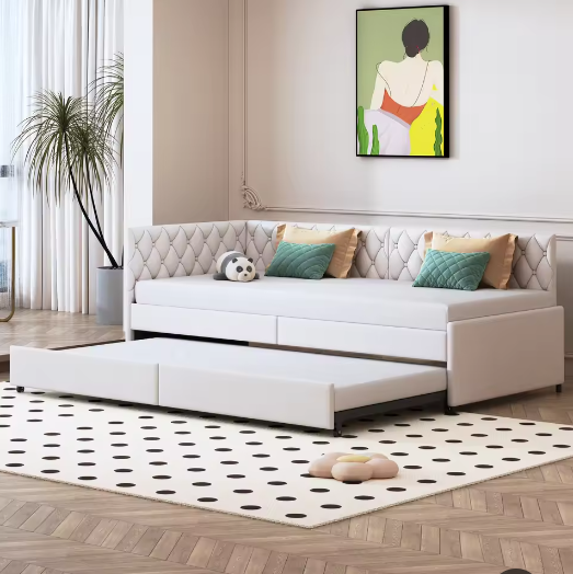 Gestoffeerd Dagbed 90x200 cm met Uittrekbaar Bed en Lattenbodem