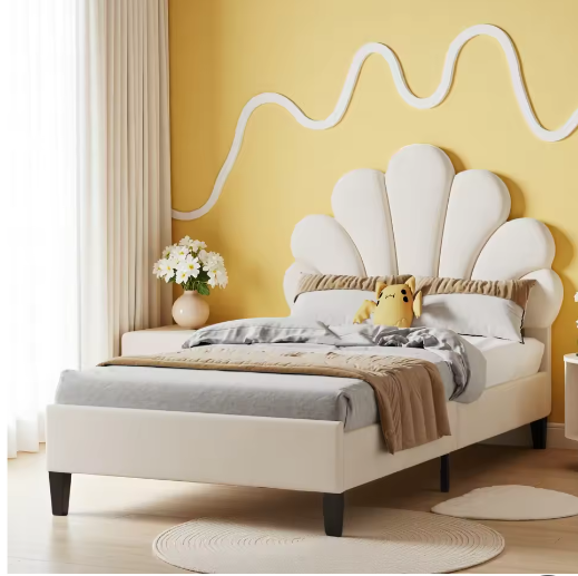 Gestoffeerd Eenpersoons Kinderbed 90x200 cm met Bloemenhoofdeinde