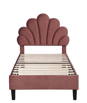 Gestoffeerd Kinderbed 90x200 cm met Bloemvormig Hoofdbord – Fluwelen Eenpersoonsbed voor Meisjesslaapkamer