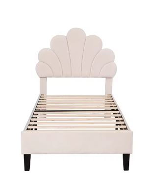 Gestoffeerd Kinderbed 90x200 cm met Bloemvormig Hoofdbord – Fluwelen Eenpersoonsbed voor Meisjesslaapkamer