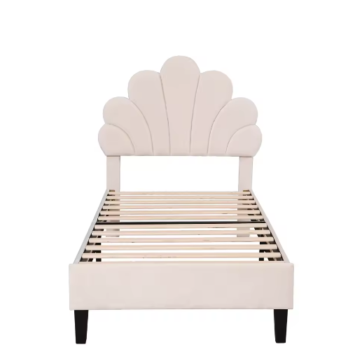 Gestoffeerd Kinderbed 90x200 cm met Bloemvormig Hoofdbord – Fluwelen Eenpersoonsbed voor Meisjesslaapkamer