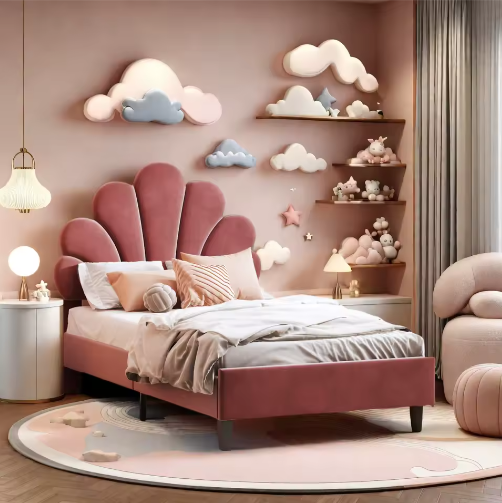 Gestoffeerd Kinderbed 90x200 cm met Bloemvormig Hoofdbord – Fluwelen Eenpersoonsbed voor Meisjesslaapkamer