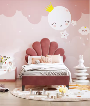 Gestoffeerd Kinderbed 90x200 cm met Bloemvormig Hoofdbord – Fluwelen Eenpersoonsbed voor Meisjesslaapkamer