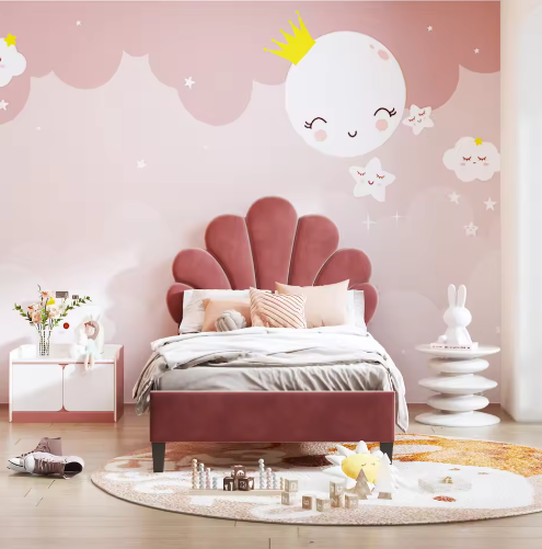 Gestoffeerd Kinderbed 90x200 cm met Bloemvormig Hoofdbord – Fluwelen Eenpersoonsbed voor Meisjesslaapkamer