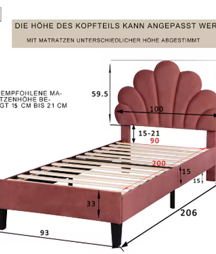 Gestoffeerd Kinderbed 90x200 cm met Bloemvormig Hoofdbord – Fluwelen Eenpersoonsbed voor Meisjesslaapkamer
