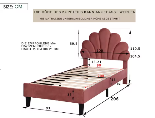 Gestoffeerd Kinderbed 90x200 cm met Bloemvormig Hoofdbord – Fluwelen Eenpersoonsbed voor Meisjesslaapkamer