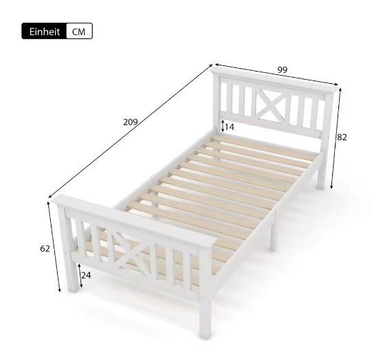 Kinderbed 90x200 cm – Massief Houten Eenpersoonsbed met Lattenbodem