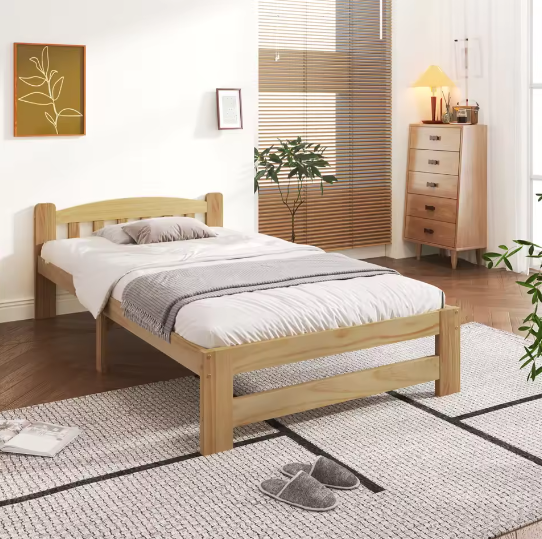 Massief Houten Eenpersoonsbed 90x200 cm – Futonbed met Hoofdeinde en Lattenbodem