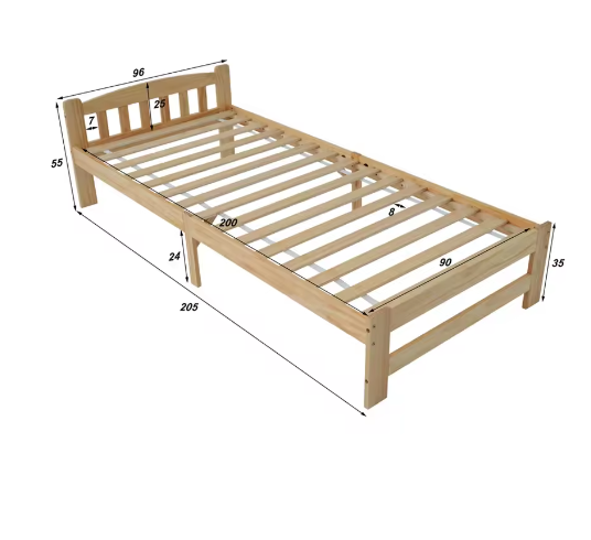 Massief Houten Eenpersoonsbed 90x200 cm – Futonbed met Hoofdeinde en Lattenbodem