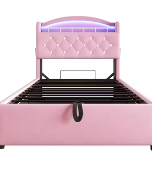 Kinderbed 90x200 cm – Fluwelen Eenpersoonsbed met Opbergruimte, LED en USB