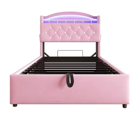 Kinderbed 90x200 cm – Fluwelen Eenpersoonsbed met Opbergruimte, LED en USB