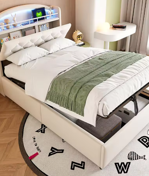 Kinderbed 90x200 cm – Fluwelen Eenpersoonsbed met Opbergruimte, LED en USB