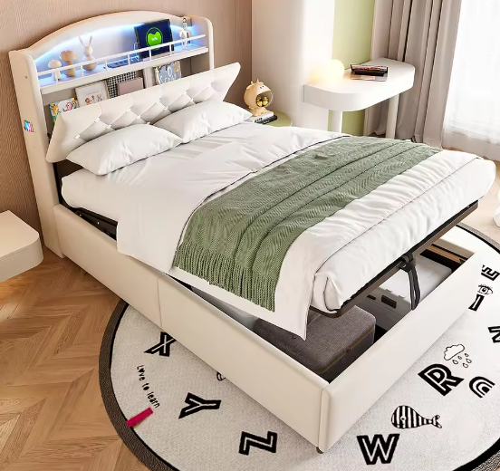 Kinderbed 90x200 cm – Fluwelen Eenpersoonsbed met Opbergruimte, LED en USB