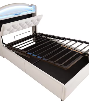 Kinderbed 90x200 cm – Fluwelen Eenpersoonsbed met Opbergruimte, LED en USB