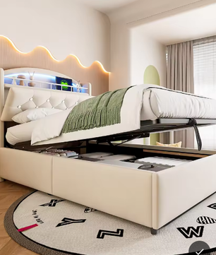 Kinderbed 90x200 cm – Fluwelen Eenpersoonsbed met Opbergruimte, LED en USB