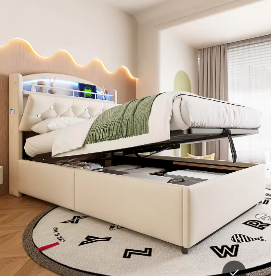 Kinderbed 90x200 cm – Fluwelen Eenpersoonsbed met Opbergruimte, LED en USB