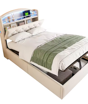 Kinderbed 90x200 cm – Fluwelen Eenpersoonsbed met Opbergruimte, LED en USB