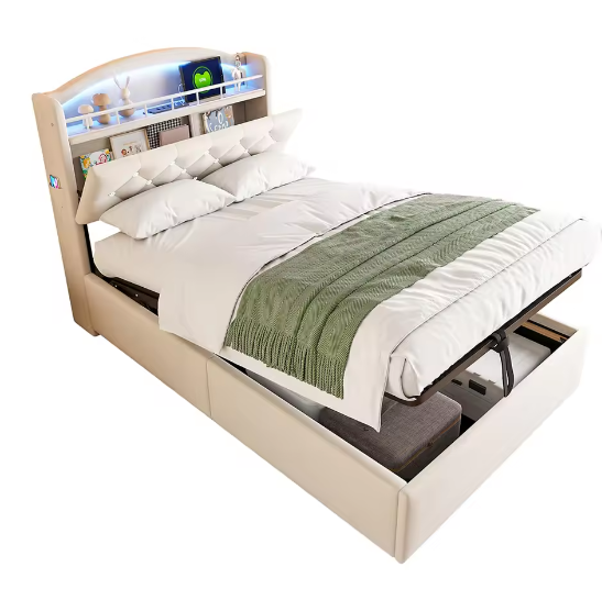 Kinderbed 90x200 cm – Fluwelen Eenpersoonsbed met Opbergruimte, LED en USB