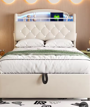 Kinderbed 90x200 cm – Fluwelen Eenpersoonsbed met Opbergruimte, LED en USB