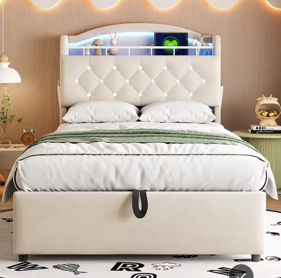 Kinderbed 90x200 cm – Fluwelen Eenpersoonsbed met Opbergruimte, LED en USB