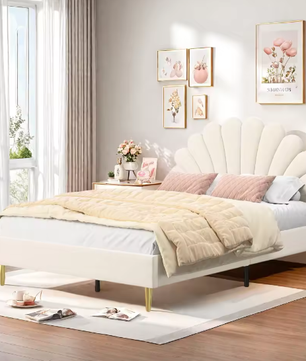 Gestoffeerd Eenpersoons-en Tweepersoonsbed 90x200 / 140x200 cm – Fluweel Beige/Bordeaux