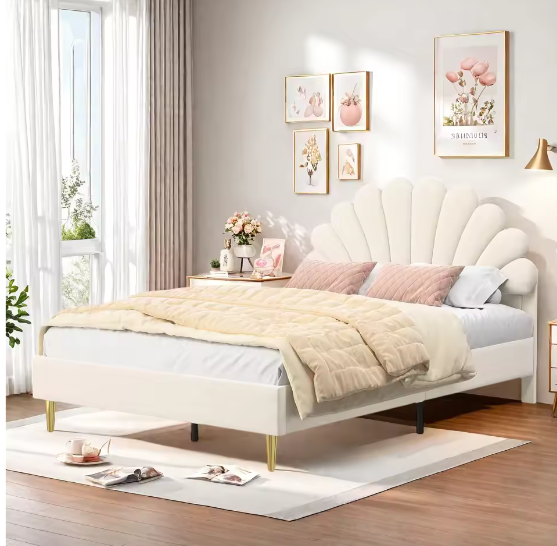 Gestoffeerd Eenpersoons-en Tweepersoonsbed 90x200 / 140x200 cm – Fluweel Beige/Bordeaux