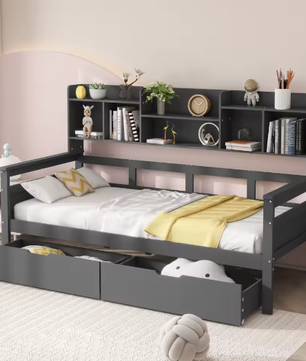 90x200 cm Slaapbank met Lades en Planken – Multifunctioneel Jeugdbed met Lattenbodem