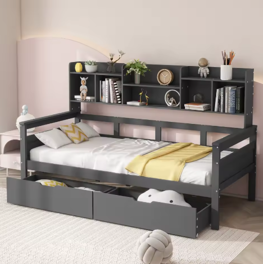 90x200 cm Slaapbank met Lades en Planken – Multifunctioneel Jeugdbed met Lattenbodem