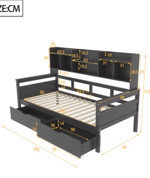 90x200 cm Slaapbank met Lades en Planken – Multifunctioneel Jeugdbed met Lattenbodem