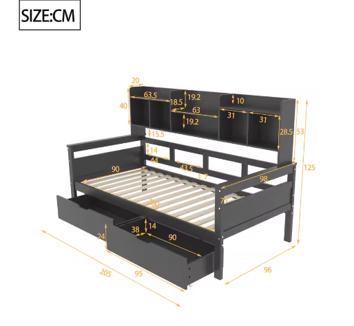 90x200 cm Slaapbank met Lades en Planken – Multifunctioneel Jeugdbed met Lattenbodem
