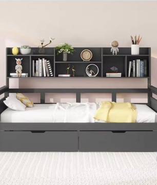 90x200 cm Slaapbank met Lades en Planken – Multifunctioneel Jeugdbed met Lattenbodem