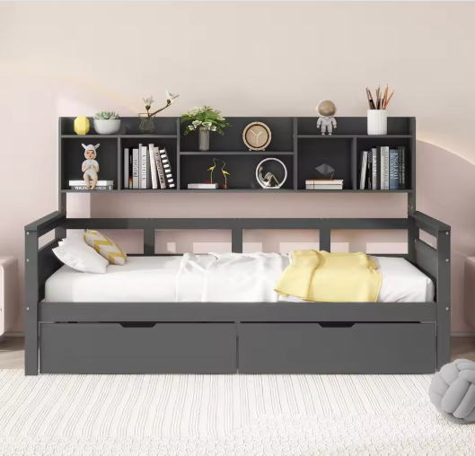 90x200 cm Slaapbank met Lades en Planken – Multifunctioneel Jeugdbed met Lattenbodem