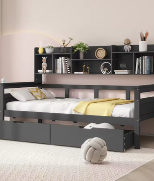 90x200 cm Slaapbank met Lades en Planken – Multifunctioneel Jeugdbed met Lattenbodem