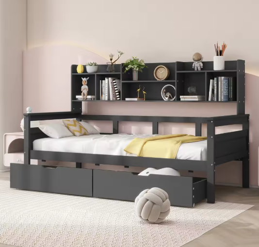 90x200 cm Slaapbank met Lades en Planken – Multifunctioneel Jeugdbed met Lattenbodem