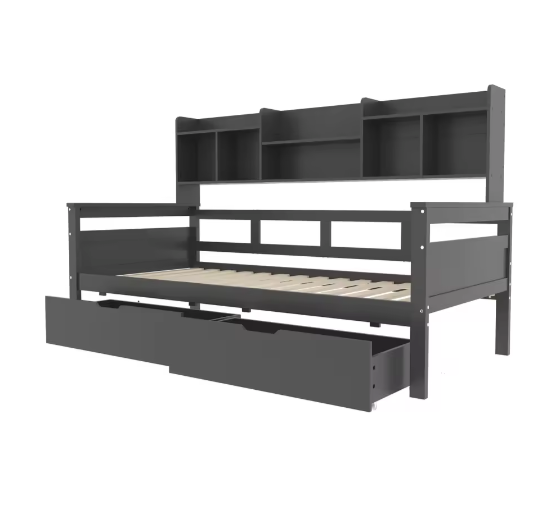 90x200 cm Slaapbank met Lades en Planken – Multifunctioneel Jeugdbed met Lattenbodem