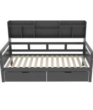 90x200 cm Slaapbank met Lades en Planken – Multifunctioneel Jeugdbed met Lattenbodem