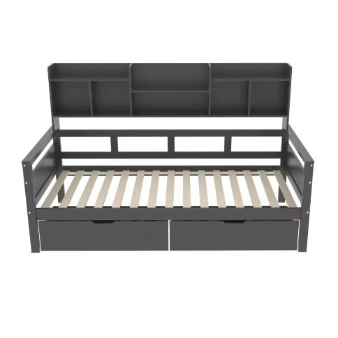 90x200 cm Slaapbank met Lades en Planken – Multifunctioneel Jeugdbed met Lattenbodem