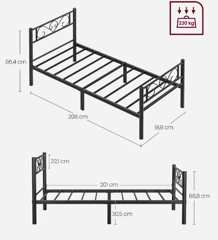 Metalen Eenpersoonsbed 90x200 cm – Gastenbed met Hoofdbord en Open Onderzijde
