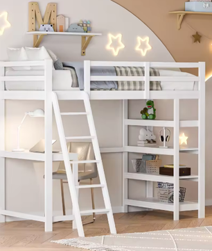 Houten Stapelbed 90x200 cm met Bureau en Planken – Massief Hout Kinderbed