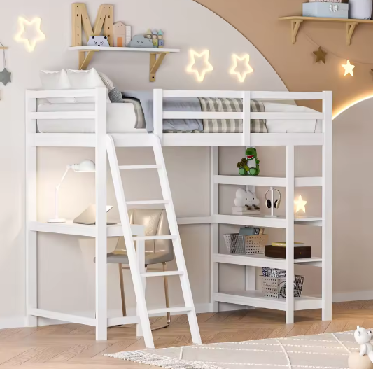 Houten Stapelbed 90x200 cm met Bureau en Planken – Massief Hout Kinderbed