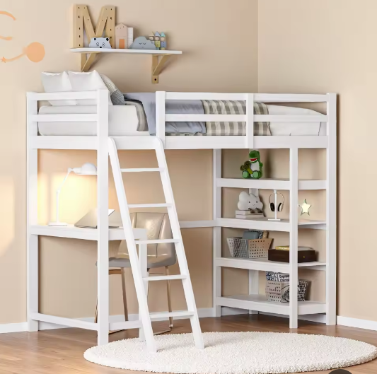 Houten Stapelbed 90x200 cm met Bureau en Planken – Massief Hout Kinderbed