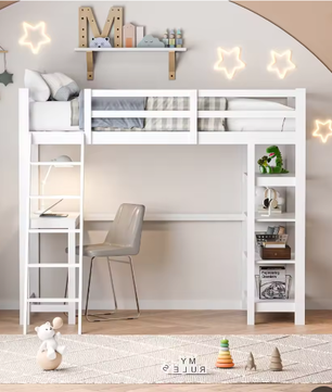 Houten Stapelbed 90x200 cm met Bureau en Planken – Massief Hout Kinderbed