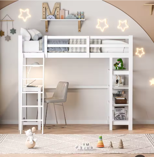 Houten Stapelbed 90x200 cm met Bureau en Planken – Massief Hout Kinderbed