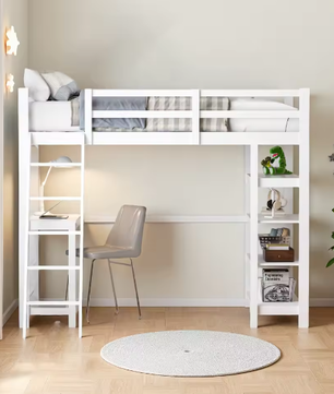 Houten Stapelbed 90x200 cm met Bureau en Planken – Massief Hout Kinderbed