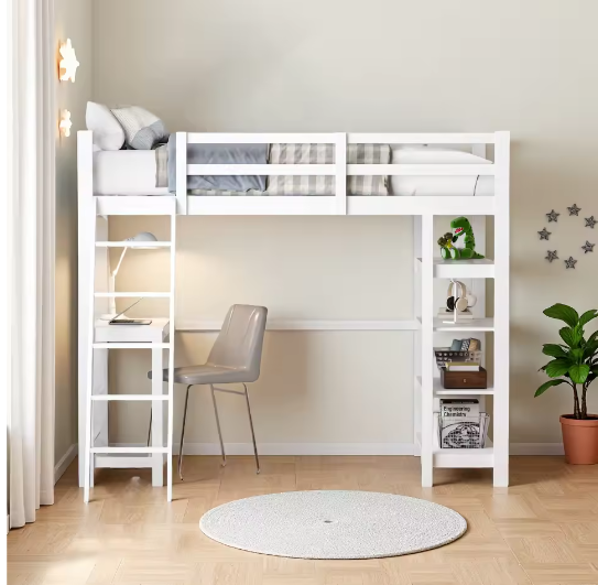 Houten Stapelbed 90x200 cm met Bureau en Planken – Massief Hout Kinderbed